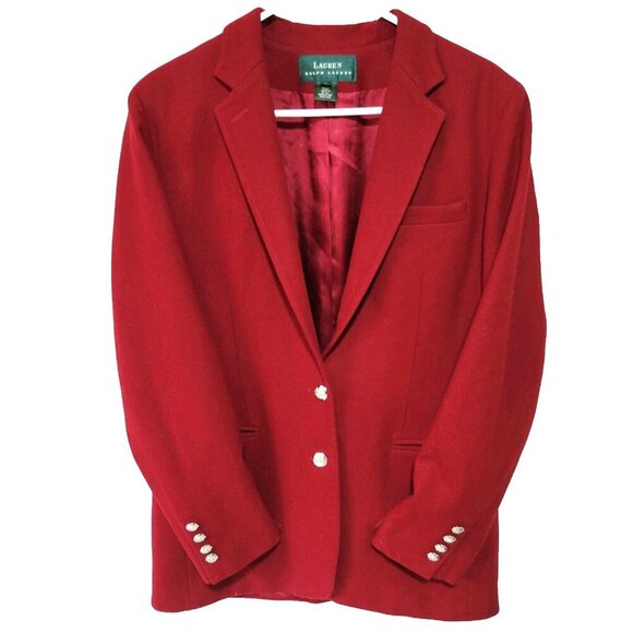 Lauren Ralph Lauren Blazer Jacket 8 Women 10 Silver Crest Buttons Red Wool Blend - Picture 1 of 5